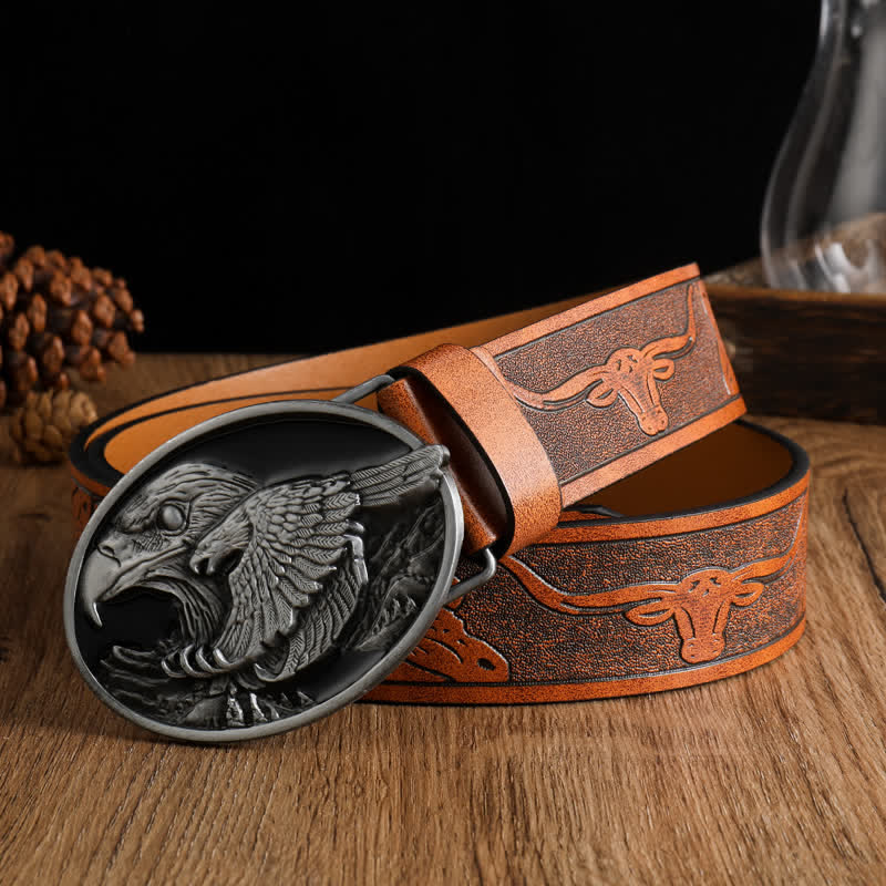 Men's Carved Bald Hawk Eagle Buckle Leather Belt - Brown #1 - 42 - image 0