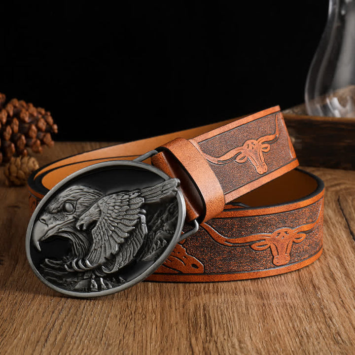 Men's Carved Bald Hawk Eagle Buckle Leather Belt - Brown #1 - 42 - image 0