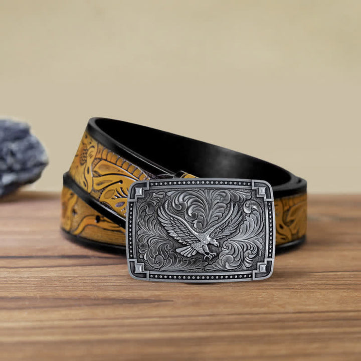 Men's DIY Soaring Eagle In Dreamy Sky Buckle Leather Belt - Antique Silver - SandyBrown Belt (40) - image 21