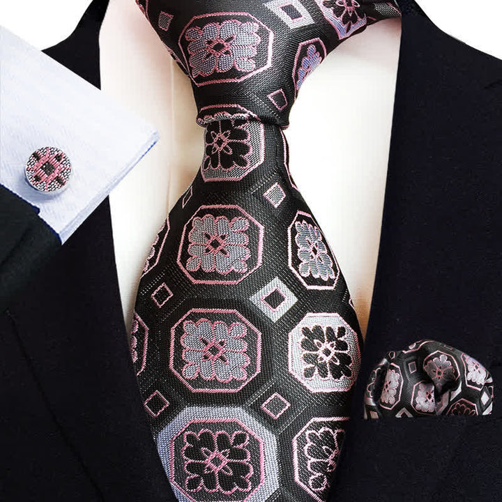 3Pcs Men's Classic Paisley Floral Necktie Set - Pink & Black - image 7