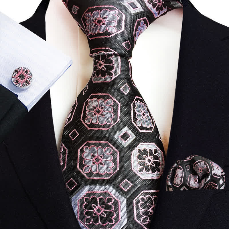 3Pcs Men's Classic Paisley Floral Necktie Set - Pink & Black - image 7