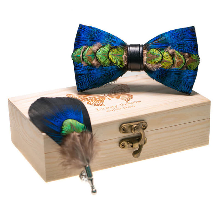 Blue & Green-yellow Feather Bow Tie with Lapel Pin - image 1