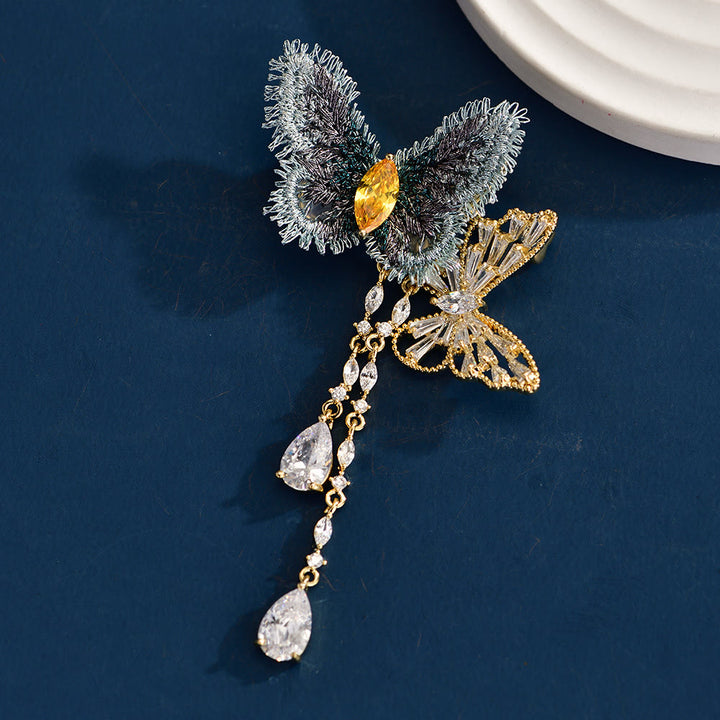 Women's Elegant Blue Butterfly Tassel Brooch - Butterfly - image 0