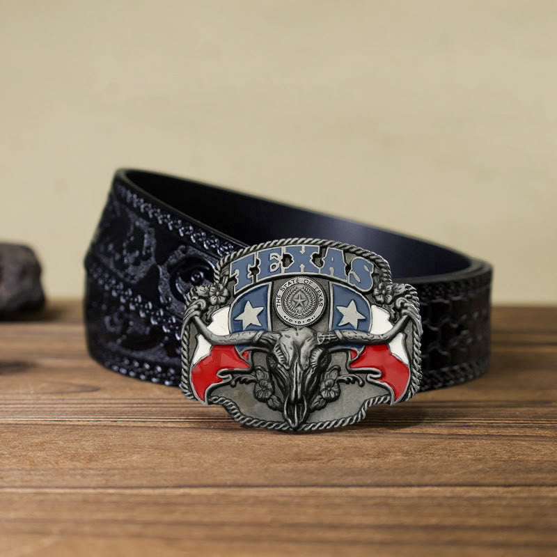 Men's DIY Texas Flag Longhorn Bull Buckle Leather Belt - Bull - Black Carved Belt (40) - image 8