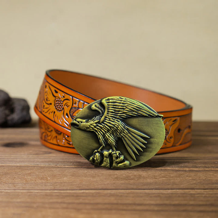 Men's DIY Eagle On Stone Buckle Leather Belt - Gold - Orange Carved Belt (40) - image 22