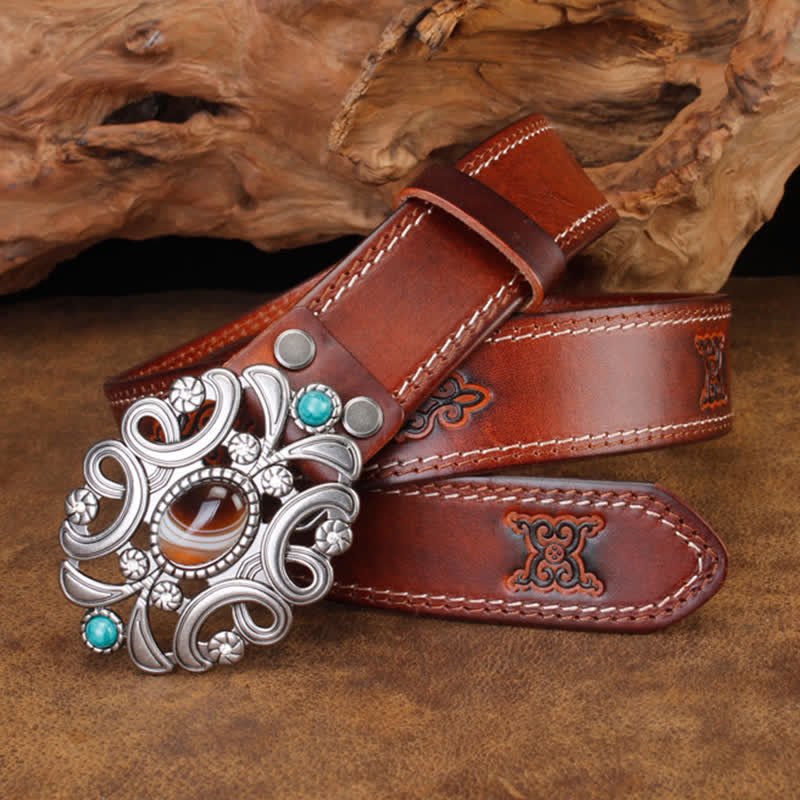 Unisex Agate Stone Turquoise Hollow Flower Leather Belt - image 6