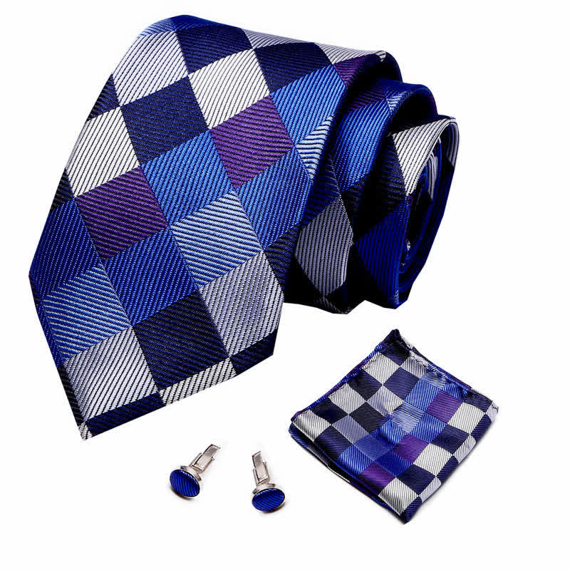 3Pcs Men's Modern Blue & Gray Checkerboard Necktie Set - image 1