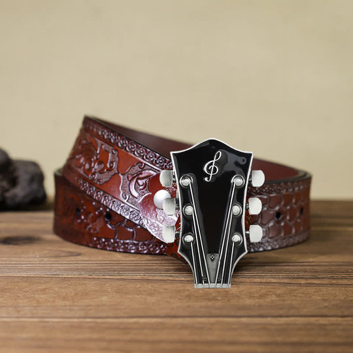 Men's DIY Musical Guitar Headstock Buckle Leather Belt - Black - Brown Carved Belt (40) - image 25