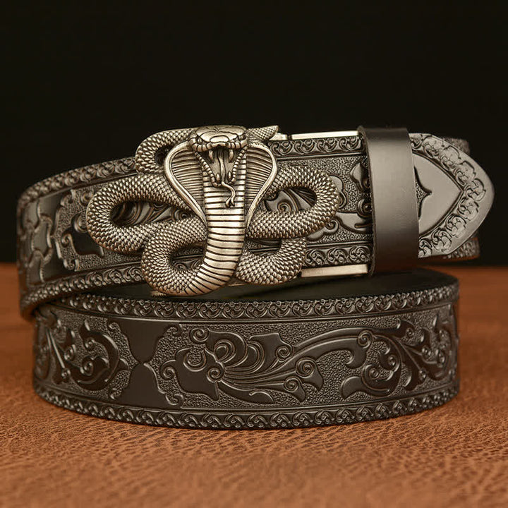 Men's Snake Medallion Buckle Leather Belt - Silver & Black - 46 - image 17