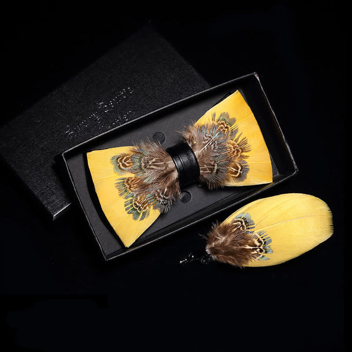 Yellow & Brown Pheasant Feather Bow Tie with Lapel Pin - Adult - image 0