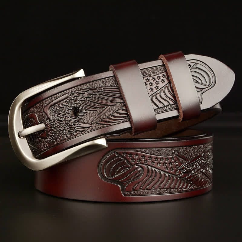 Men's Embossed Eagle Flag Pattern Leather Belt - Brown - 46 - image 10