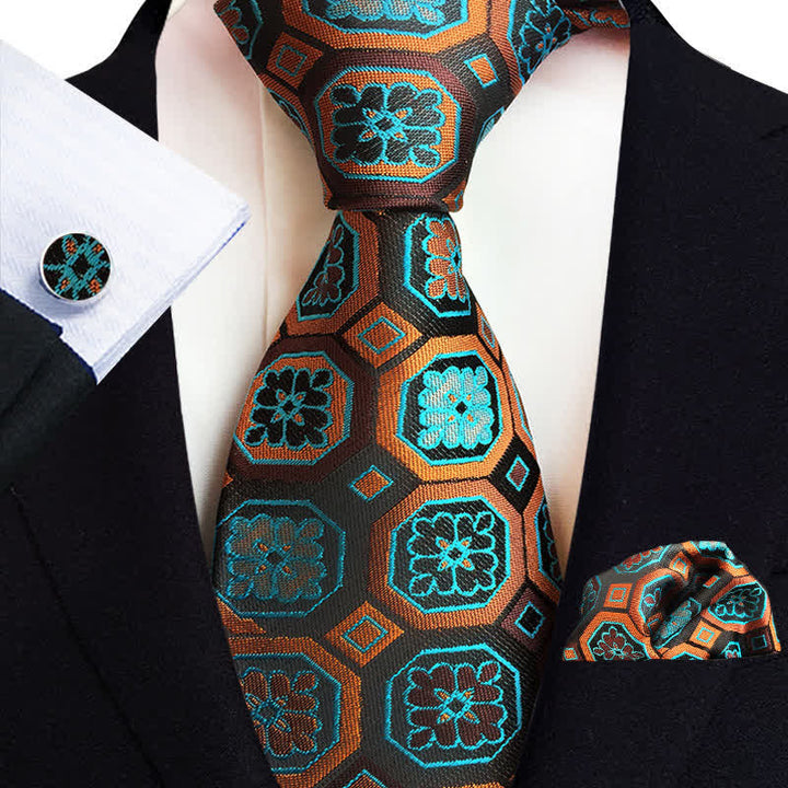 3Pcs Men's Classic Paisley Floral Necktie Set - Teal & Brown - image 5
