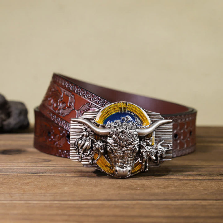 Men's DIY Domineering Longhorn Bull Buckle Leather Belt - Bull - Brown Carved Belt (40) - image 10