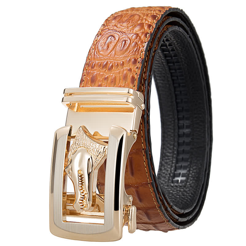 Men's Hollow Automatic Buckle Crocodile Print Leather Belt - Orange / Gold - 46 - image 7