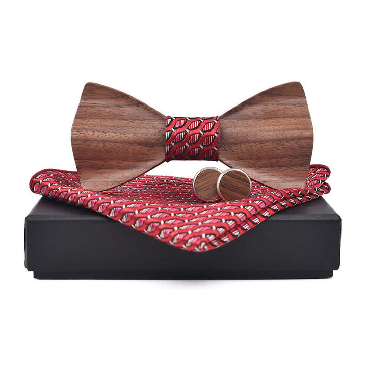 3Pcs Men's Black Walnut Wooden Bow Tie Set - Burgundy - image 0