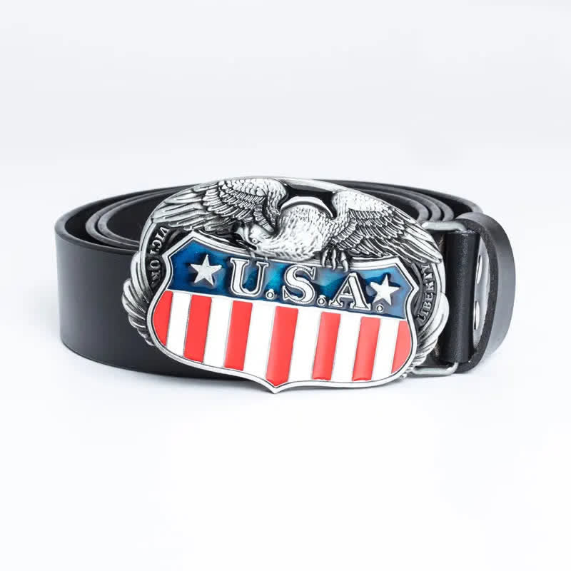 Men's Personality USA Flag Flying Eagle Leather Belt - Leather Linker - Black - 46 - image 0
