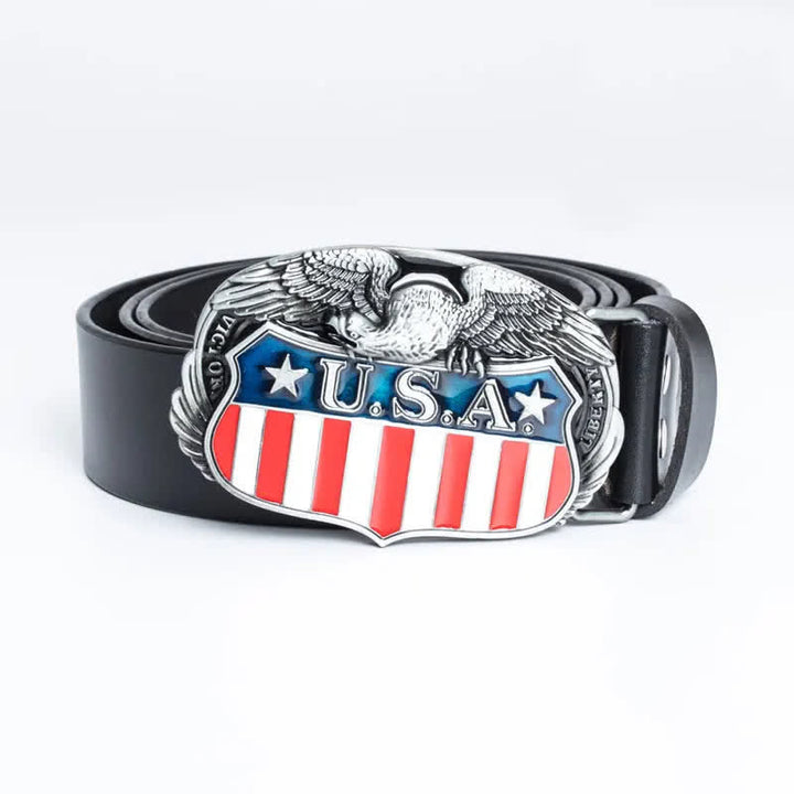 Men's Personality USA Flag Flying Eagle Leather Belt - Leather Linker - Black - 46 - image 0