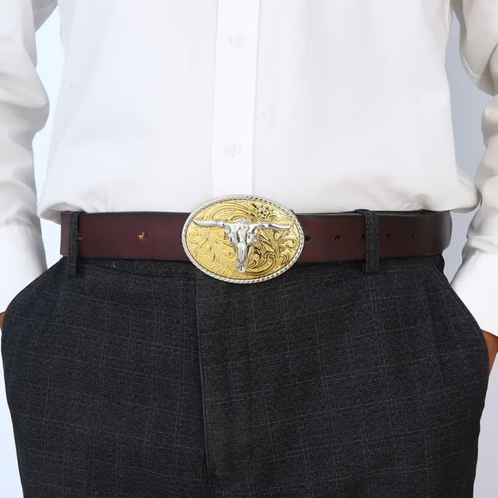 Men's DIY Shining Golden Bull Head Buckle Leather Belt - image 2