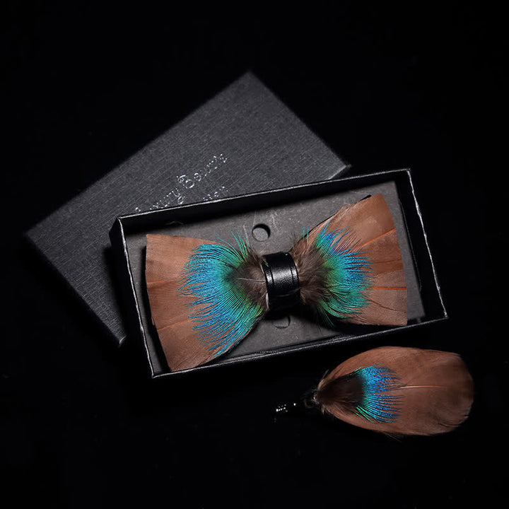 Chocolate & Turquoise Feather Bow Tie with Lapel Pin - Chocolate & Turquoise - image 0