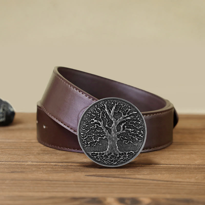 Men's DIY Tree of Life Round Buckle Leather Belt - Silver - Brown PU Belt (40) - image 13