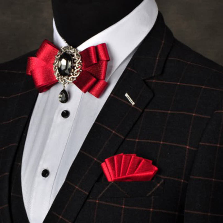 3Pcs Black Rhinestone Solid Colored Bow Tie Set - Red - image 5