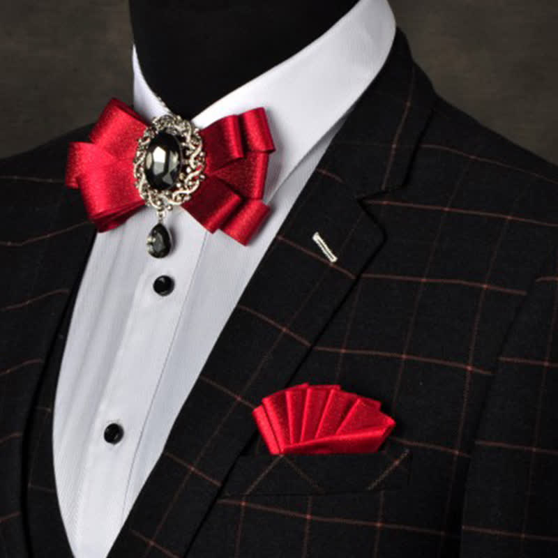3Pcs Black Rhinestone Solid Colored Bow Tie Set - Red - image 5