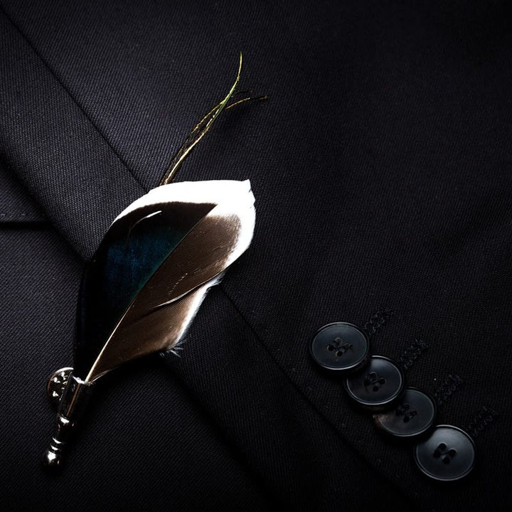 Navy Blue & Brown Vintage Feather Bow Tie with Lapel Pin - image 2