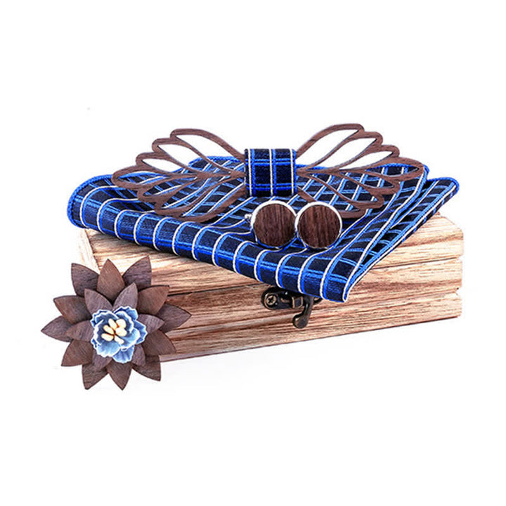 4Pcs Men's Hollow Leaves-shaped Wooden Bow Tie Set - Navy Plaid - image 9