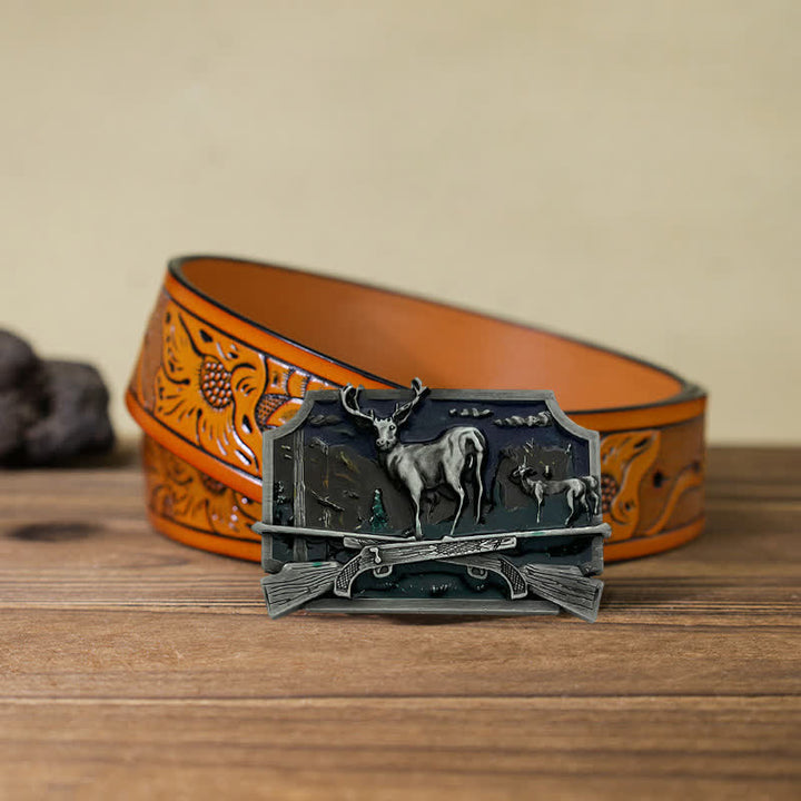Men's DIY Deer Shotgun Hunter Buckle Leather Belt - Antique Silver - Orange Carved Belt (40) - image 24