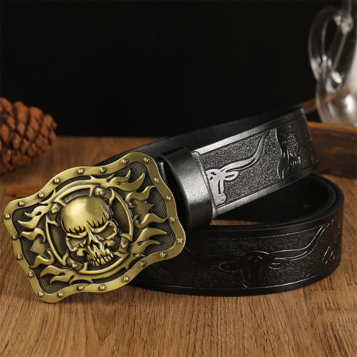 Men's Trendy Skull Head Flame Leather Belt - Black - 42 - image 4