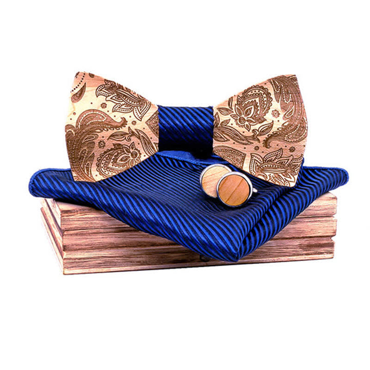 3Pcs Men's Carving Paisley Wooden Bow Tie Set - Navy Twill - image 9