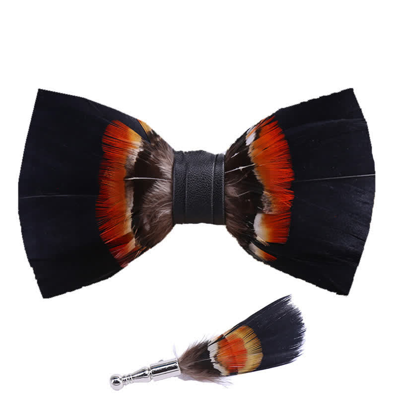 Black & Orange Feather Bow Tie with Lapel Pin - image 3