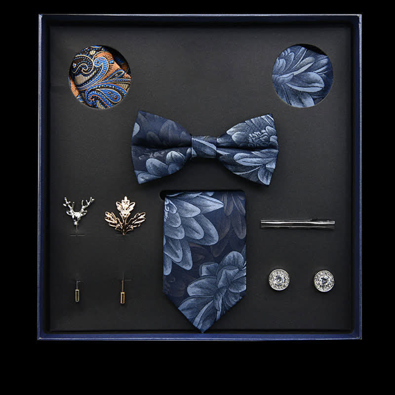 8Pcs Navy&LightSteelBlue Vintage Leaf Necktie Bow Ties Gift Box - Navy&LightSteelBlue - image 0