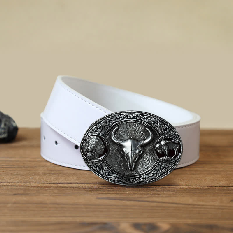 Men's DIY Typical Western Skull Buckle Leather Belt - Bull - White PU Belt (40) - image 7