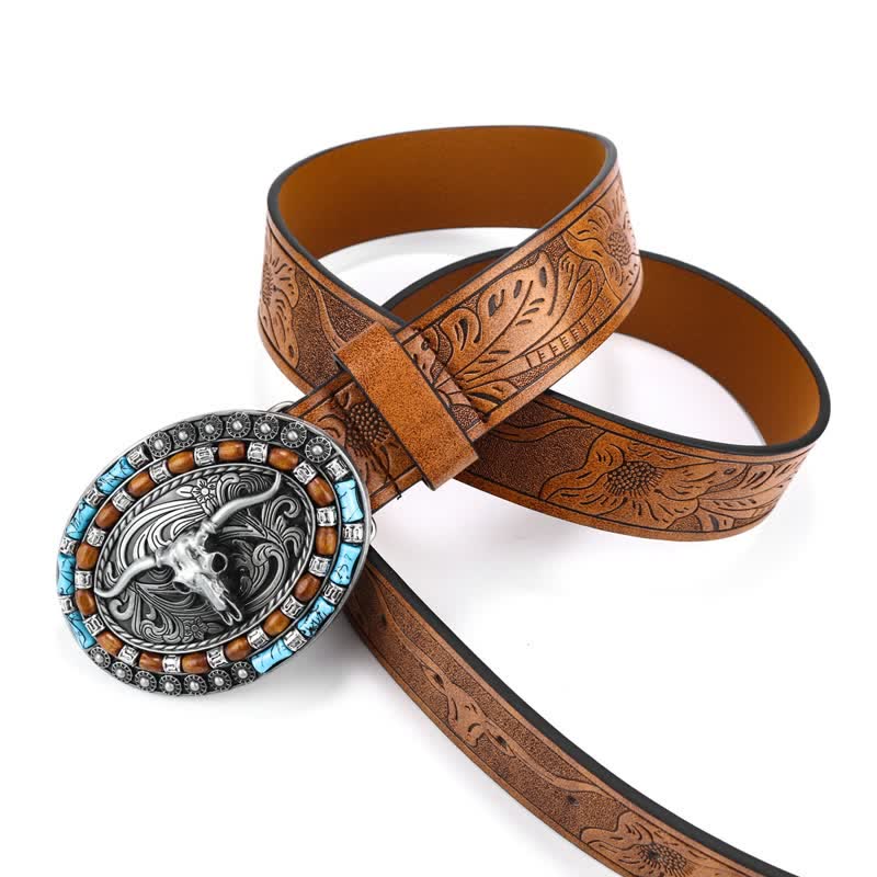 Men's Western Cowboy Turquoise Bull Leather Belt - image 3