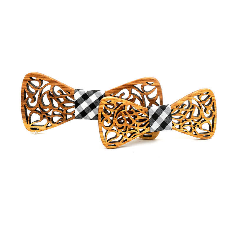 2Pcs Men's Parent-child Hollow Wooden Bow Tie - Burlywood & Black Plaid - image 8