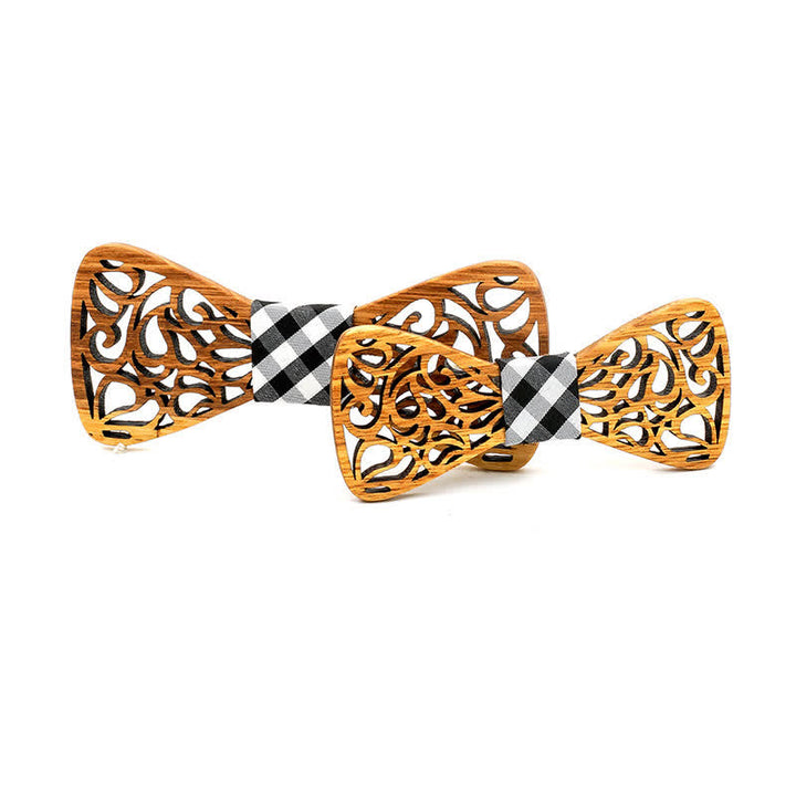 2Pcs Men's Parent-child Hollow Wooden Bow Tie - Burlywood & Black Plaid - image 8