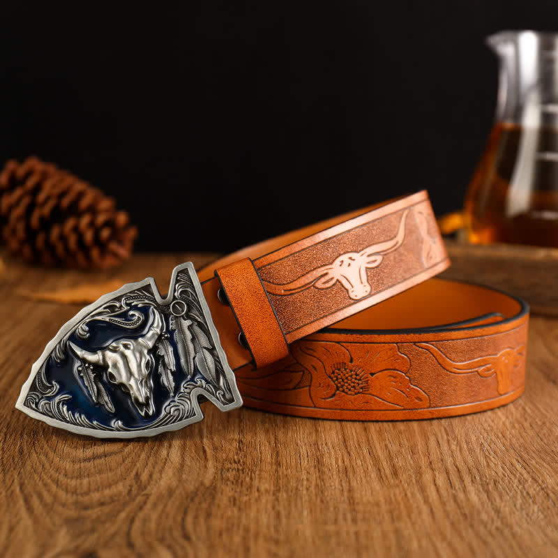Men's Domineering Bull Head Ethnic Style Leather Belt - Brown / Silver #2 - 42 - image 4
