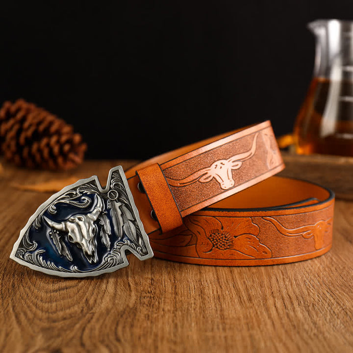 Men's Domineering Bull Head Ethnic Style Leather Belt - Brown / Silver #2 - 42 - image 4