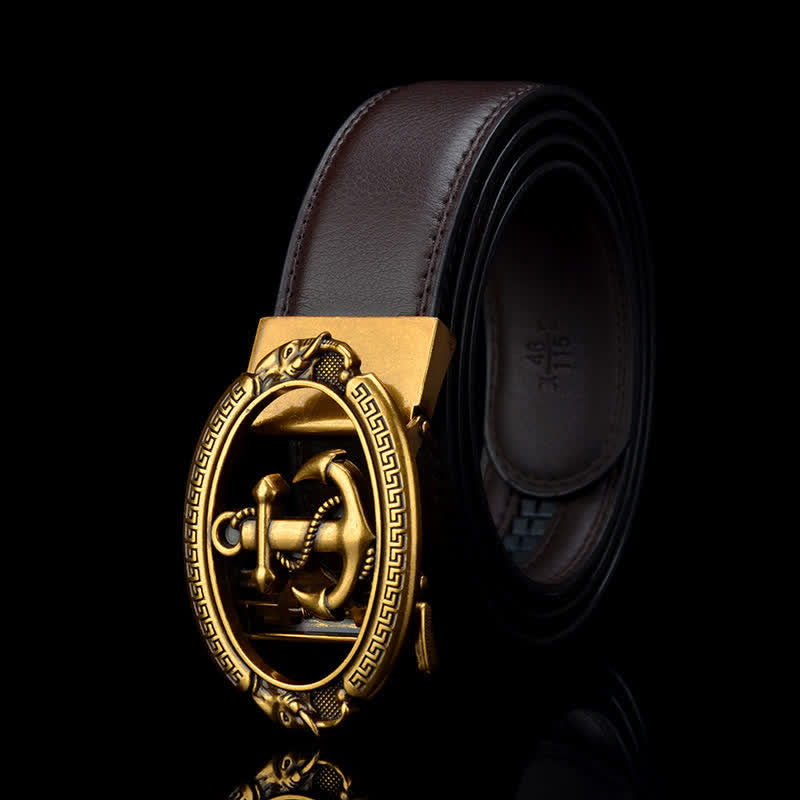 Men's Nautical Ship Anchor Leather Belt - Brown & Gold - 46 - image 3