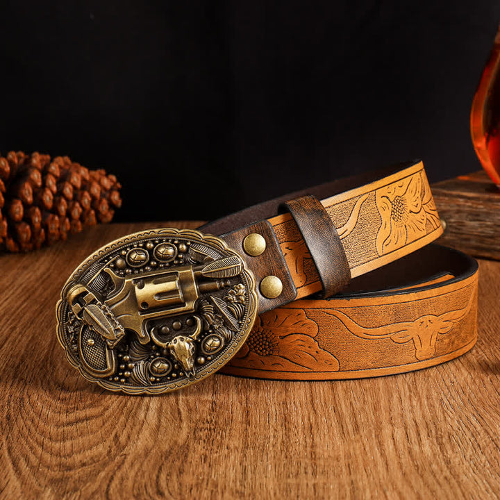 Men's Classic Retro Gun Bull Leather Belt - Gun & Bull - 42 - image 0
