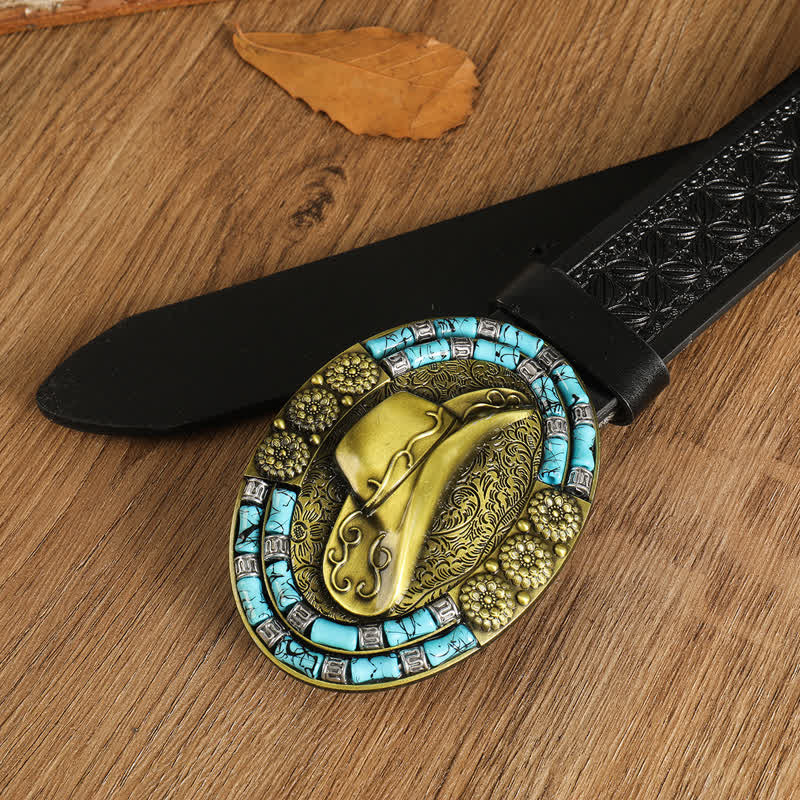 Men's Cowboy Gold Hat Turquoise Decor Leather Belt - image 7