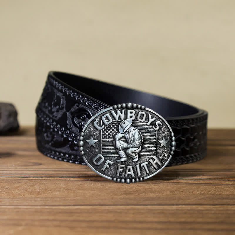 Men's DIY Cowboys Of Faith Buckle Leather Belt - Antique Silver - Black Carved Belt (40) - image 14