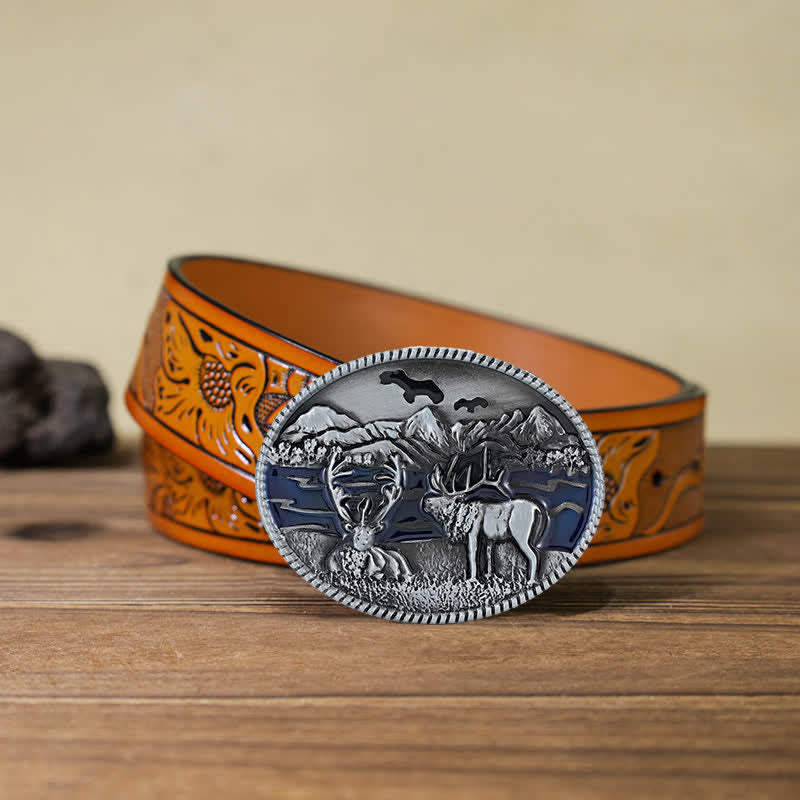 Men's DIY Enamel Wild Life Deer Buckle Leather Belt - Antique Silver - Orange Carved Belt (40) - image 14
