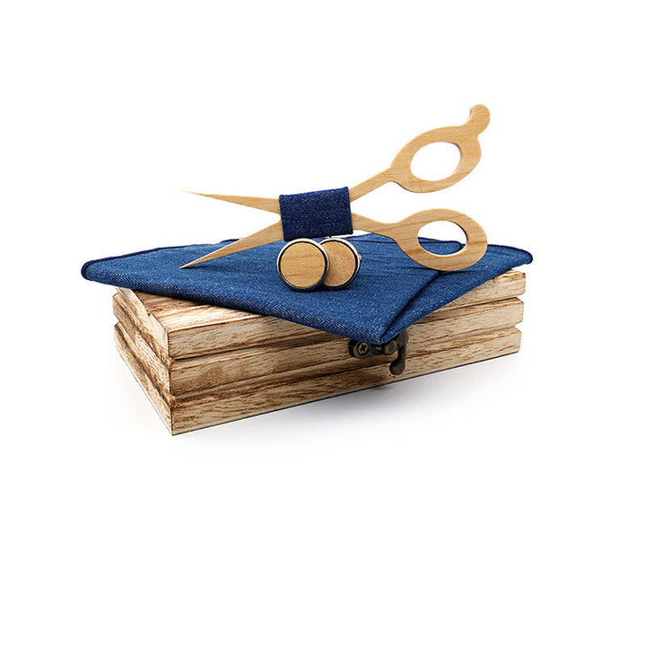 3Pcs Men's Scissors Wooden Bow Tie Set - Blue - image 11