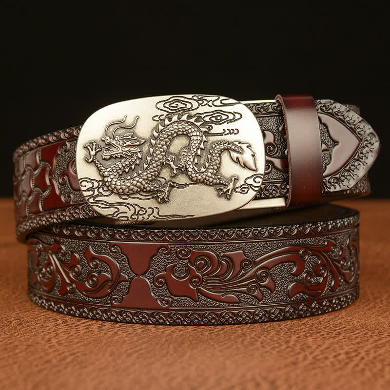 Men's Dragon Soaring In The Sky Leather Belt - Silver & Brown - 46 - image 14
