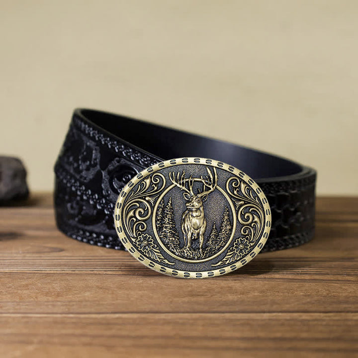 Men's DIY Deer Hunter American Flag Buckle Leather Belt - Gold Deer - Black Carved Belt (40) - image 27