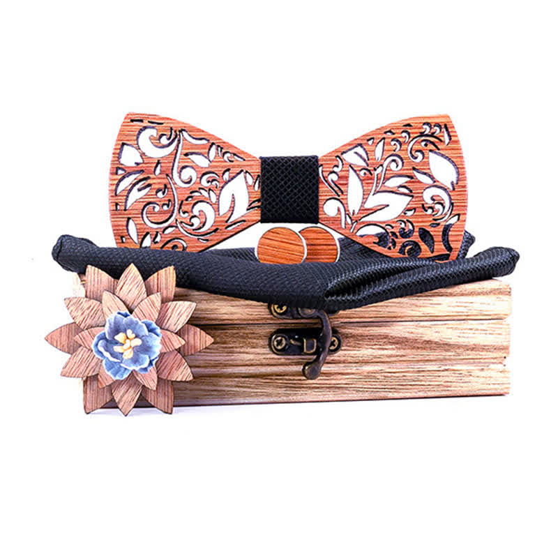 4Pcs Men's Plant Hollow Wooden Bow Tie Set - Black - image 11