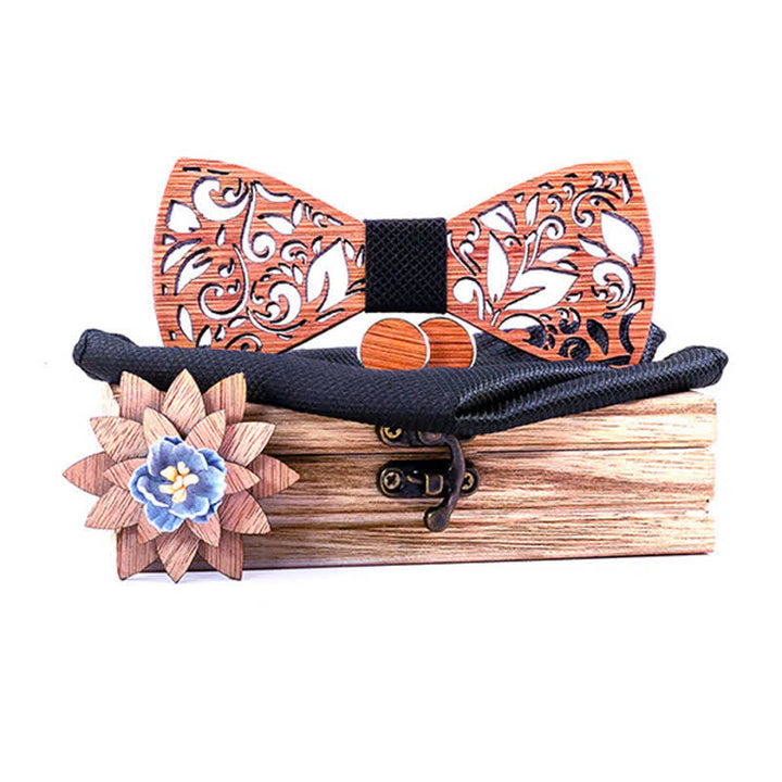 4Pcs Men's Plant Hollow Wooden Bow Tie Set - Black - image 11