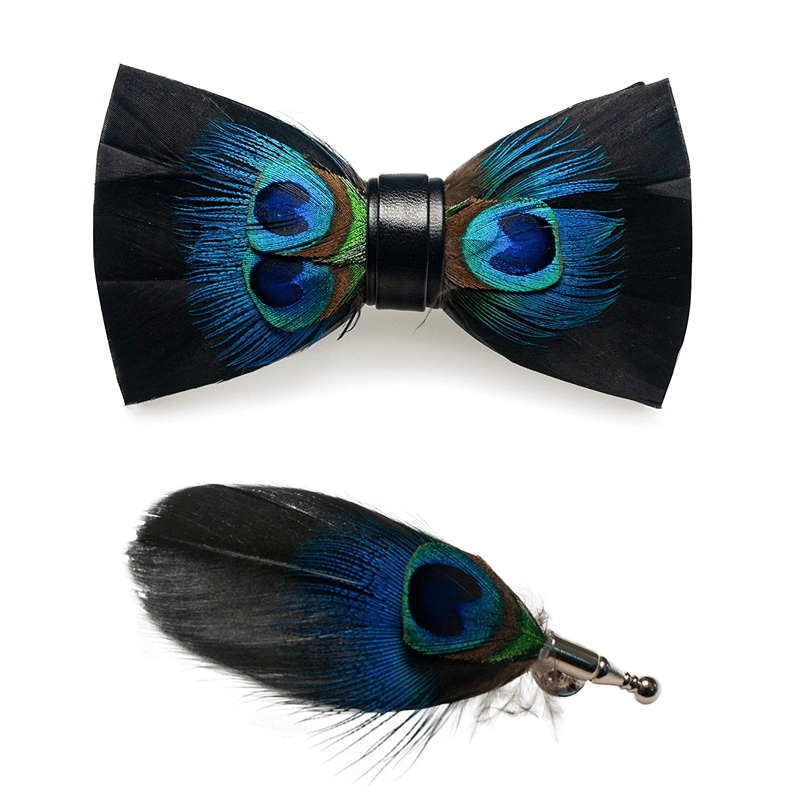 Black & Blue Peacock Eye Feather Bow Tie with Lapel Pin - image 3